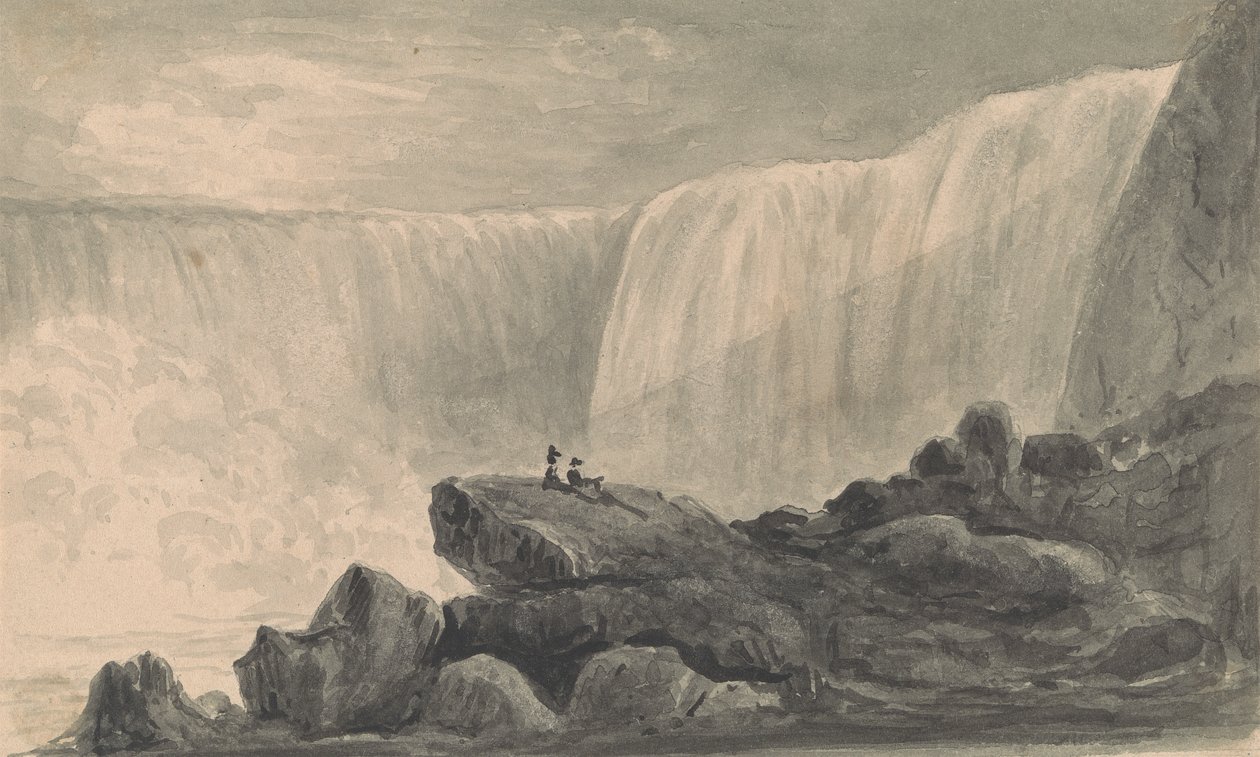 Udsigt over Niagara Falls med to figurer, der sidder på en klippecenterforgrund af Isaac Weld