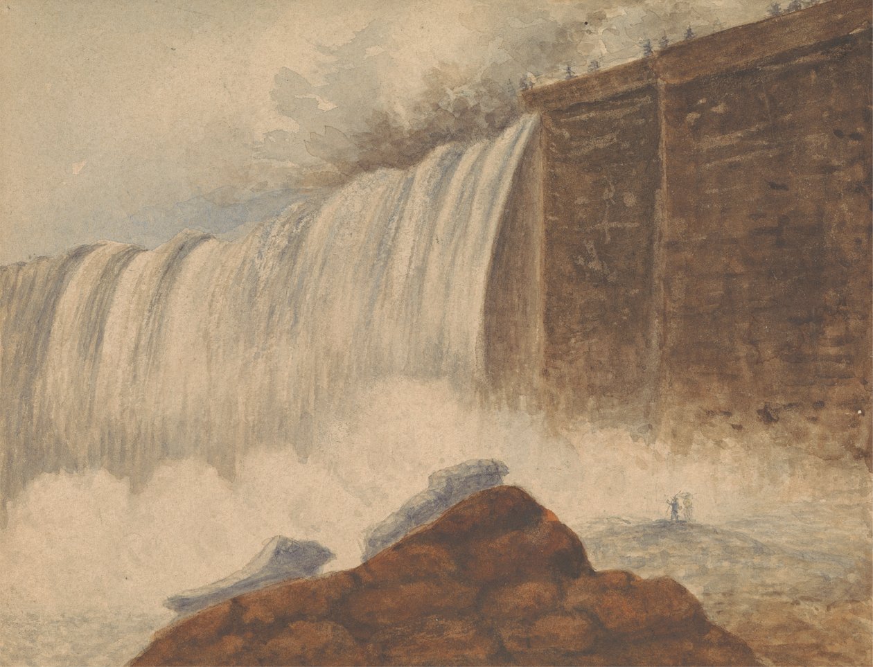 Udsigt over Niagara Falls med to figurer på klippen i højre forgrund af Isaac Weld