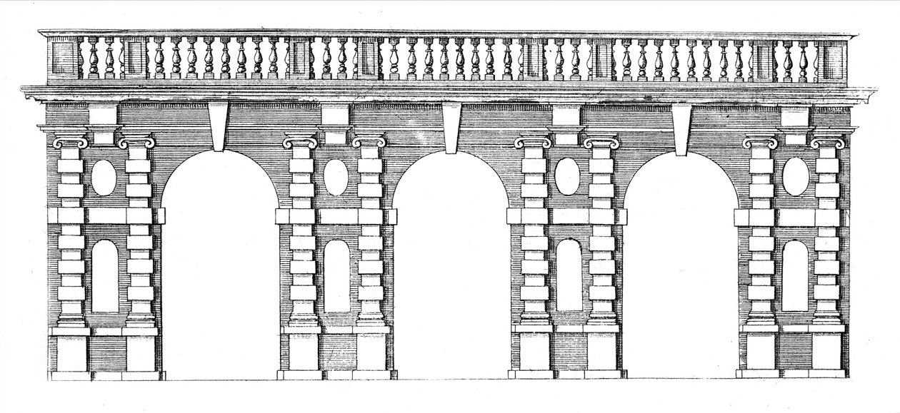 Design til en arkade med balustradetop fra The Gardens of Wilton, ca. 1645 af Isaac de Caus