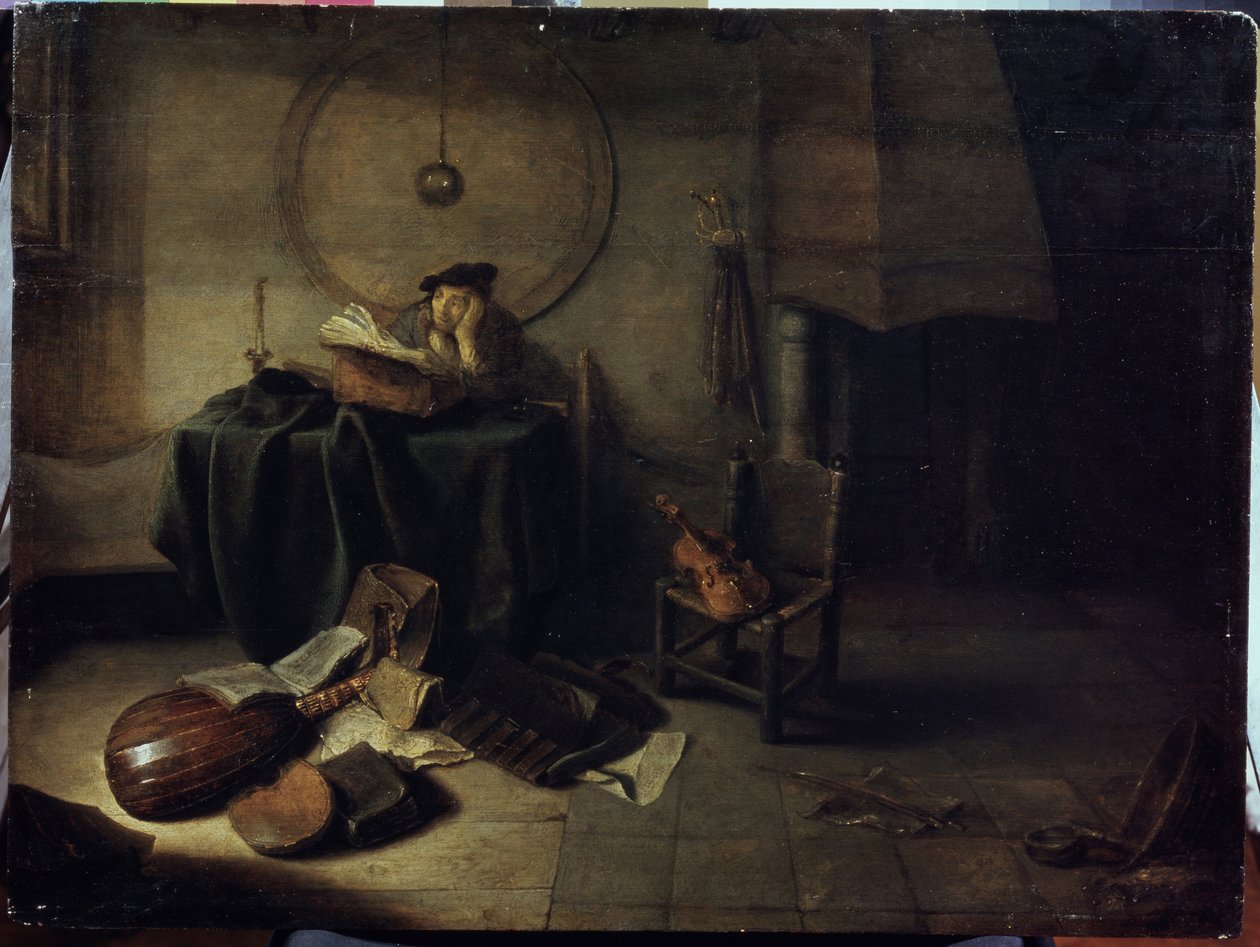 ""Melancholy II"" (Melancholy II (videnskabsmand i sit studie)) En mand, der studerer musik, eftertænksom udtryk. Maleri af Isaac de Jouderville (1613-1648) Serpoukhov, Statens Museum for Historie og Kunst af Isaac de Jouderville