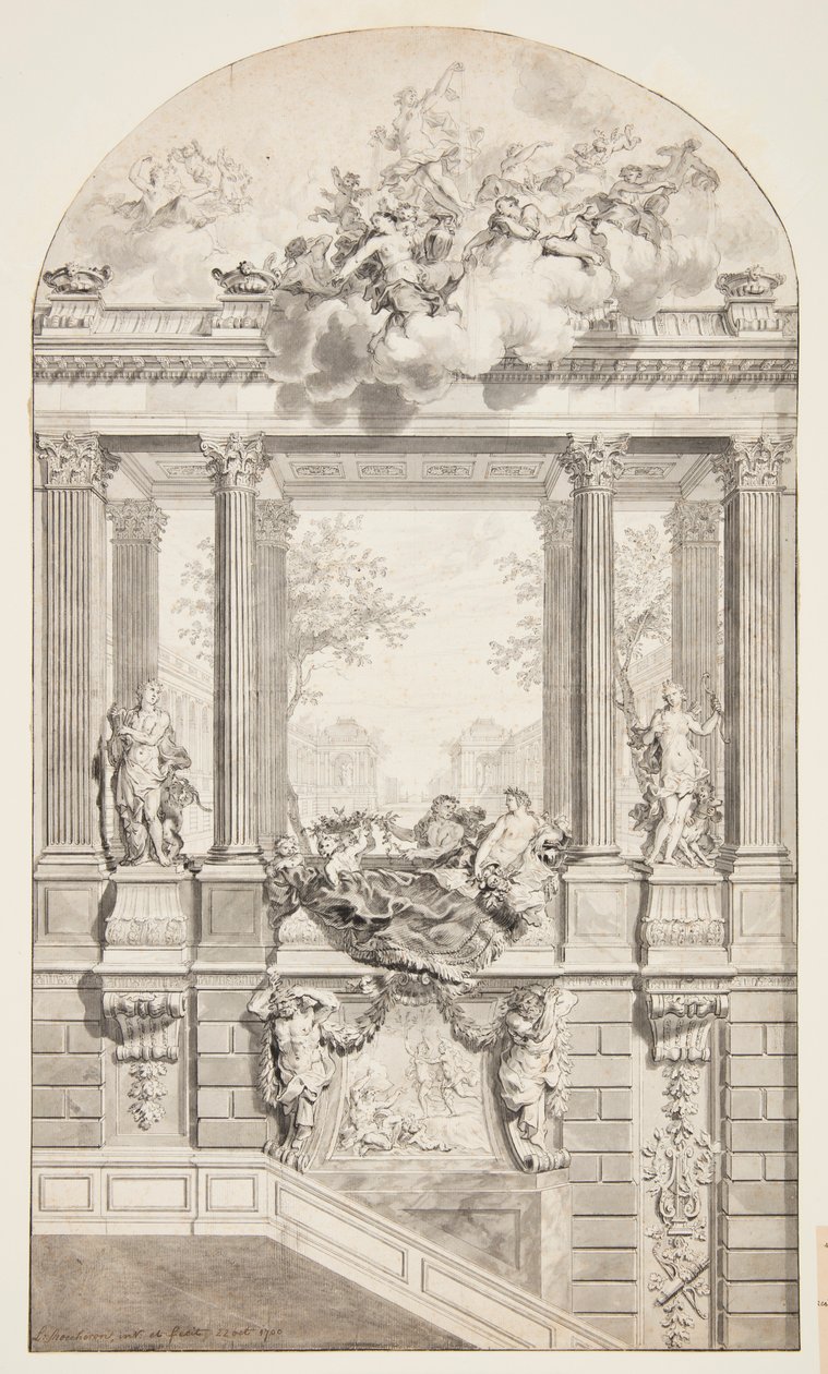 Design til Staircase, Voorst Castle, Haag, Holland af Isaac de Moucheron