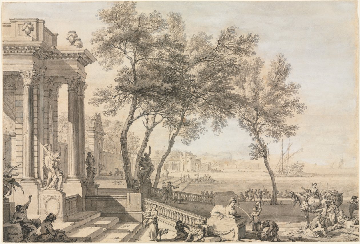 Fantastisk havnescene med arkitektur og figurer af Isaac de Moucheron