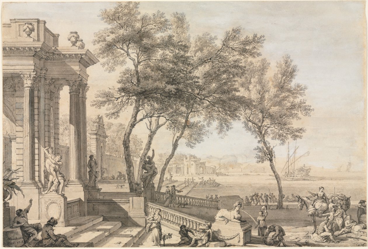Fantastisk havnescene med arkitektur og figurer, 1713. af Isaac de Moucheron