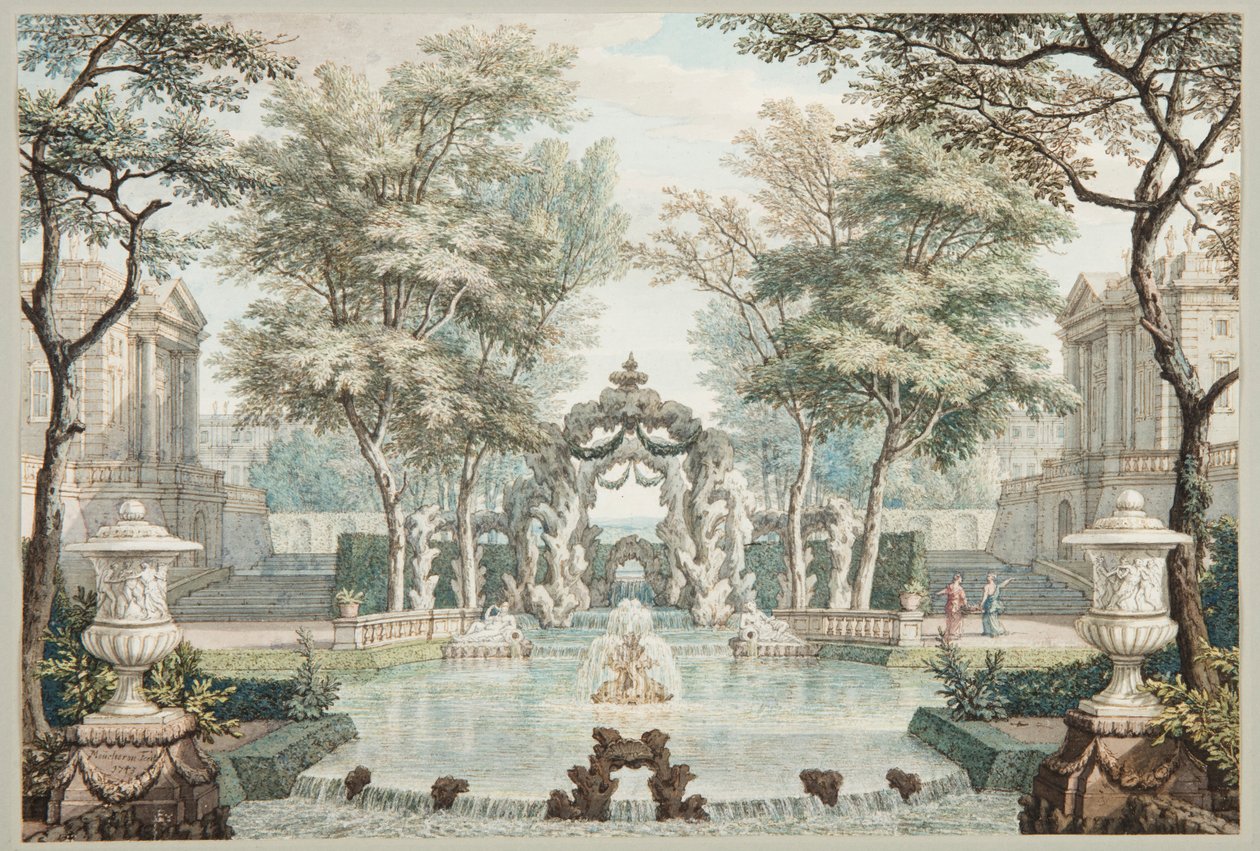 Have med klassiske bygninger og et springvand af Isaac de Moucheron