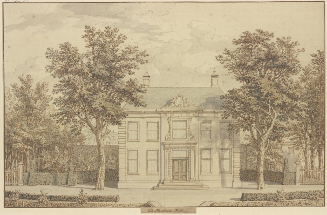 Haveanlæg med takshæk og et hus mellem to træer af Isaac de Moucheron