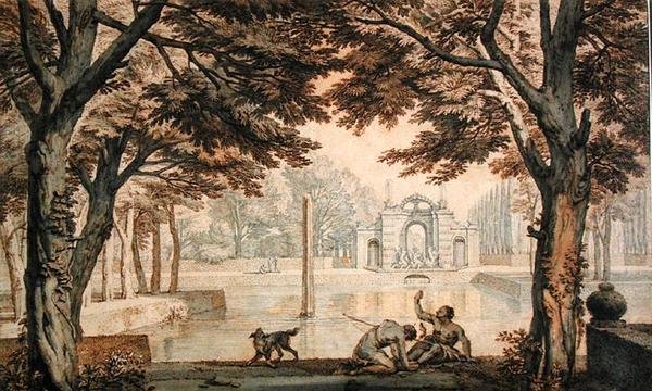 Sø med springvand i en have (pen & blæk & vask på papir) af Isaac de Moucheron