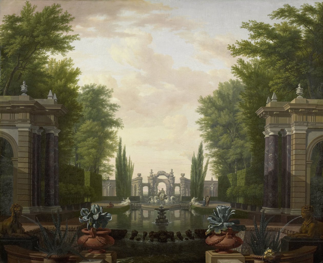Vandterrasse med statuer og springvand i en park af Isaac de Moucheron
