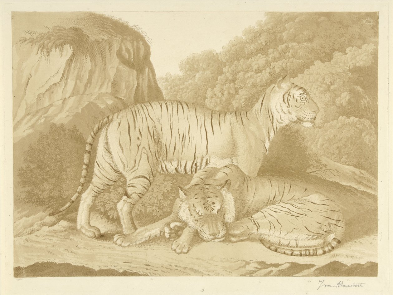 To tigre i et landskab af Isaac van Haastert (signed by artist)