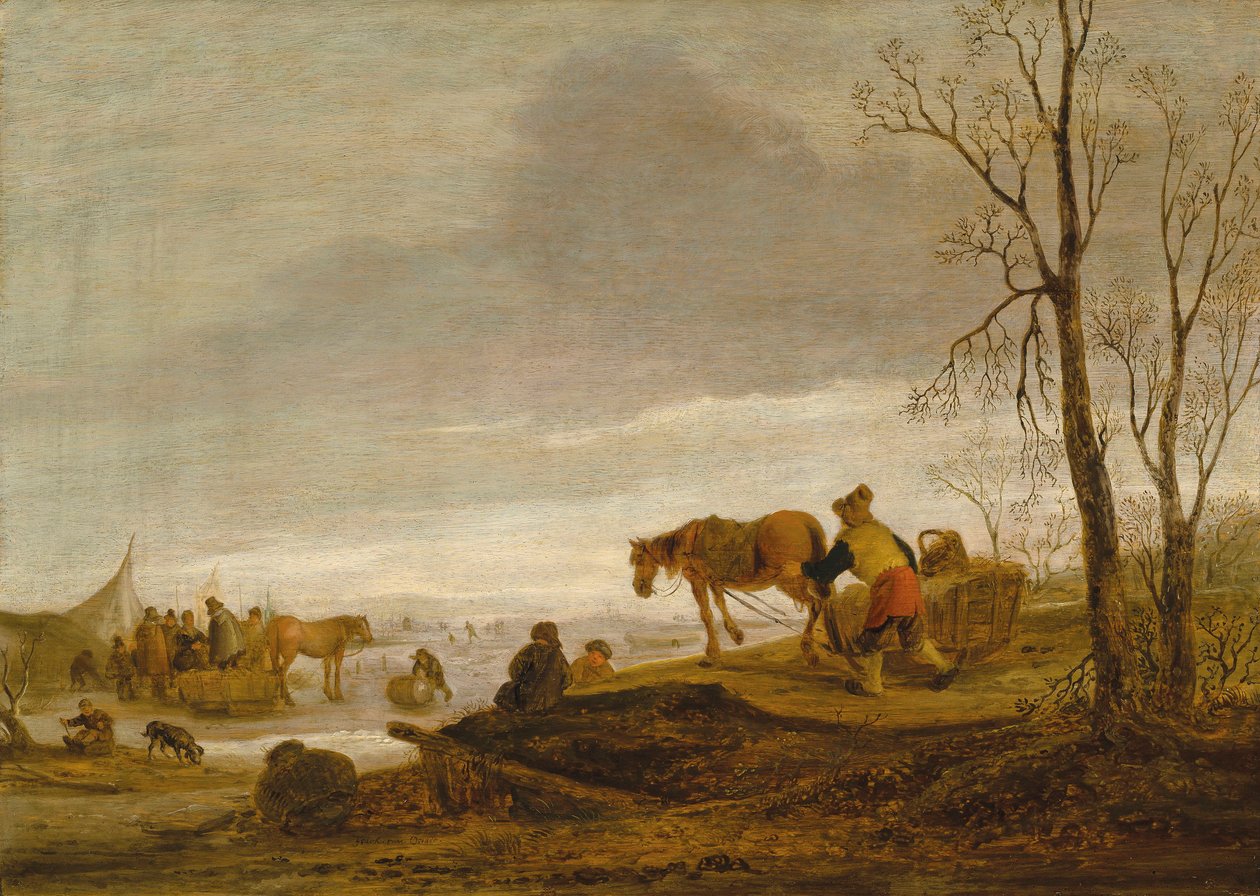 Et vinterlandskab med figurer på en frossen flod af Isaac van Ostade