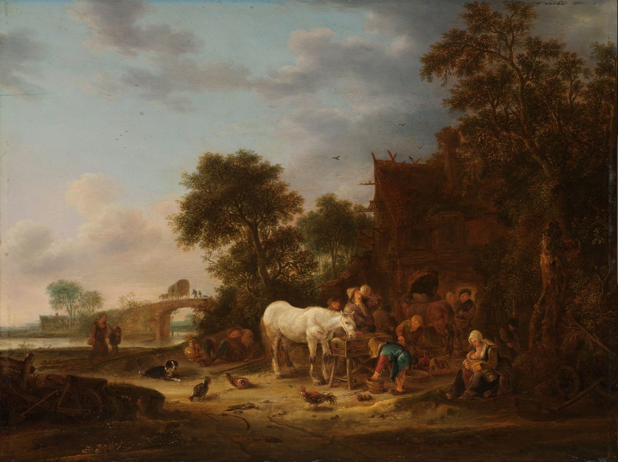Landekro med hest ved truget af Isaac van Ostade