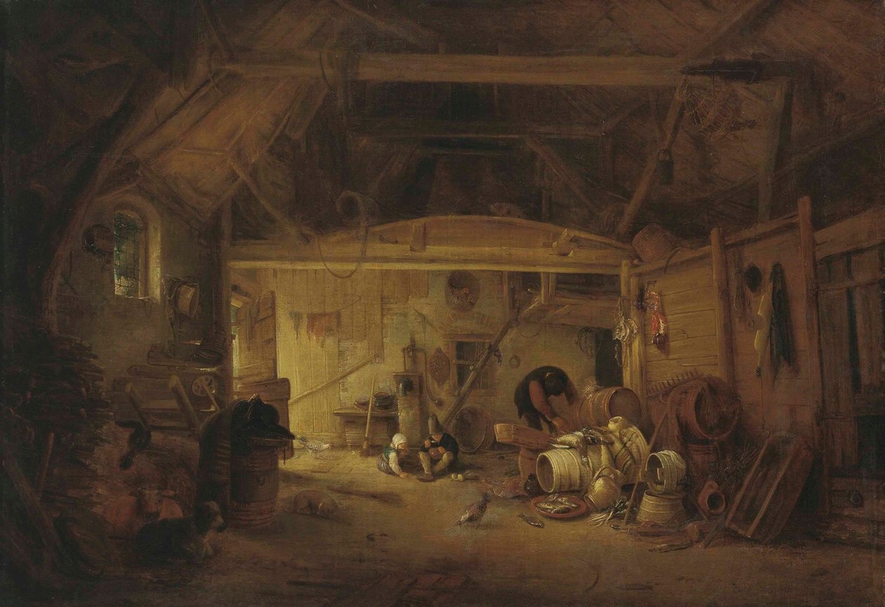 Tysk: Scheuneninterieur Et staldinteriør med to børn, der spiser, og en mand, der arbejder af Isaac van Ostade