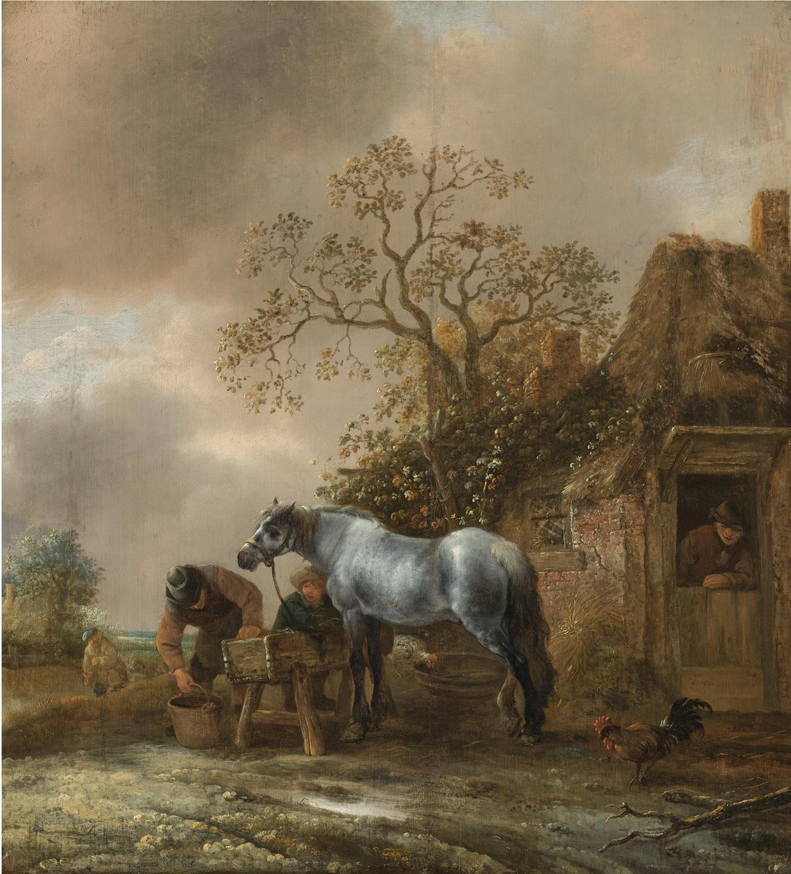 Landskab med bønder, der fodrer en hest foran en hytte af Isaac van Ostade