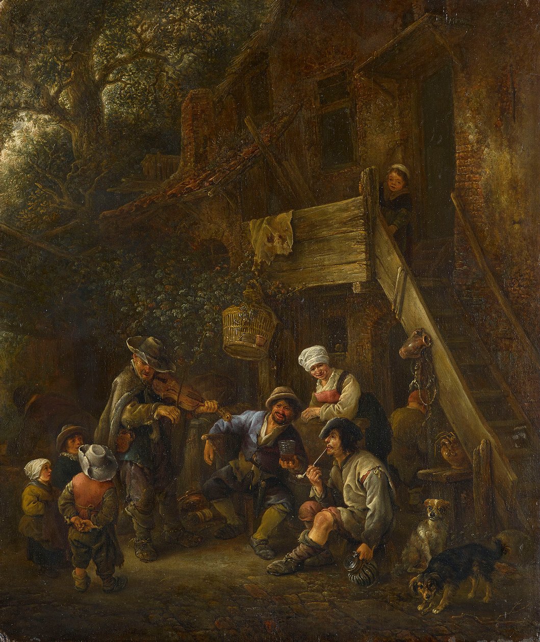 Bønder lytter til en blind spillemand foran en hytte af Isaac van Ostade