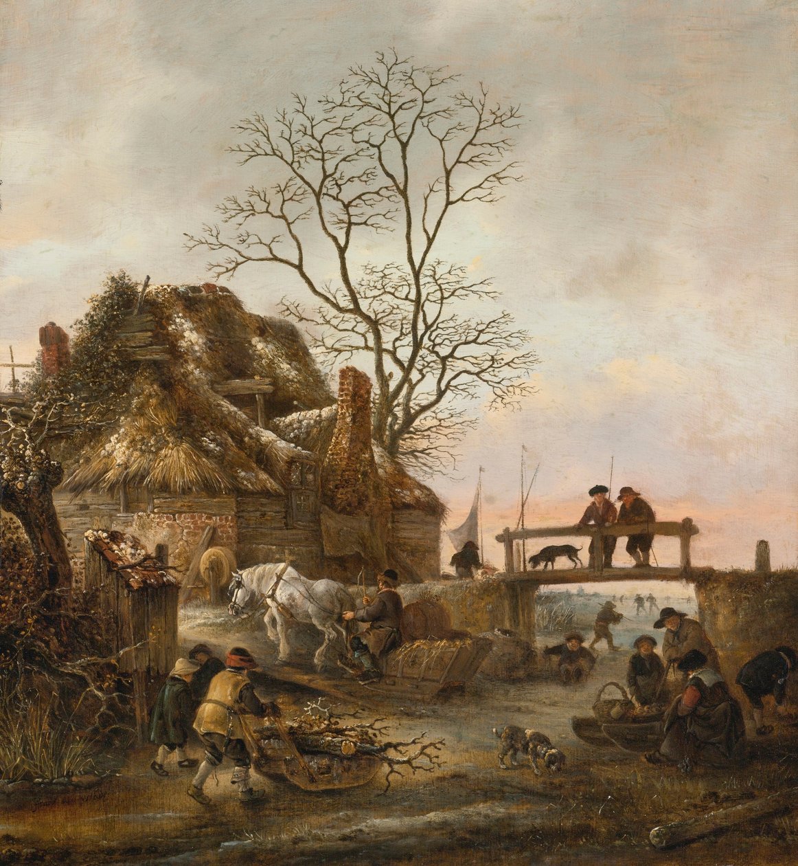 Vinterlandskab med en hytte nær en bro af Isaac van Ostade