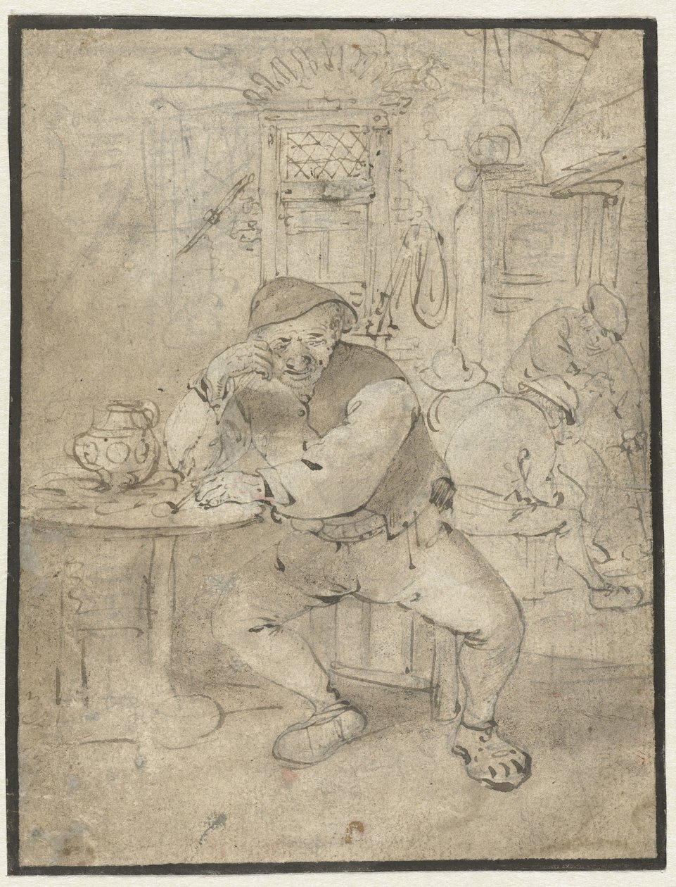 Siddende landmand, lænet på et bord af Isaac van Ostade