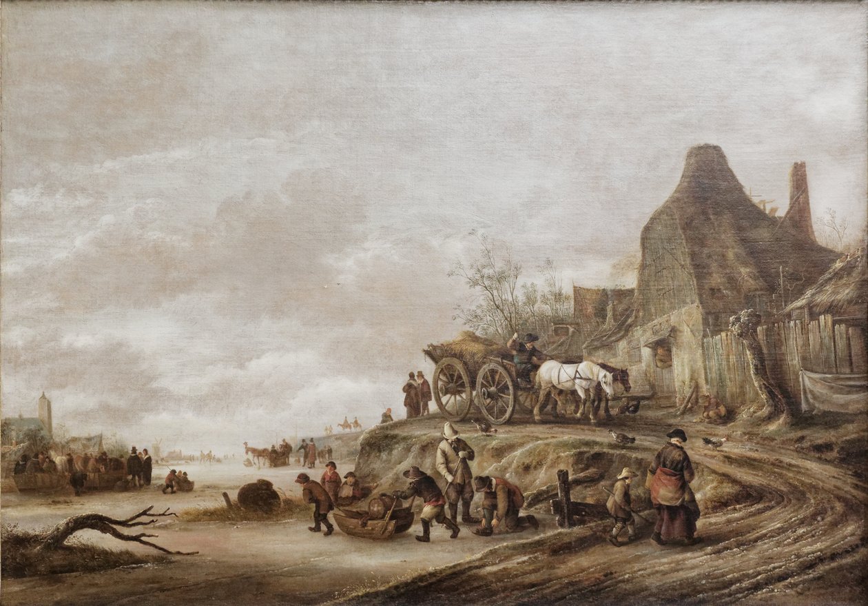 Isaack van Ostade - Frossen kanal med vogn ned af en sti af Isaac van Ostade