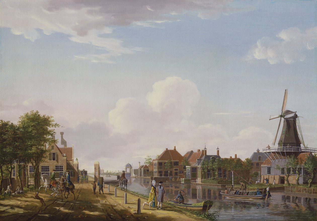 Hollandsk kanalscene med elegante figurer og en mølle, 1777 af Isaac Ouwater