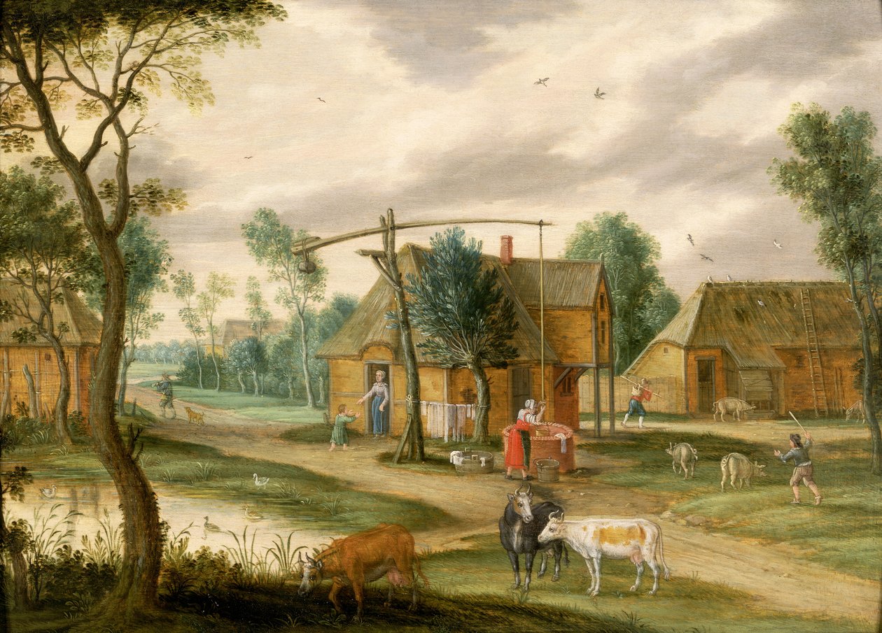 Et landsbylandskab med en kvinde, der trækker vand fra en brønd (panel) af Isaak van Oosten