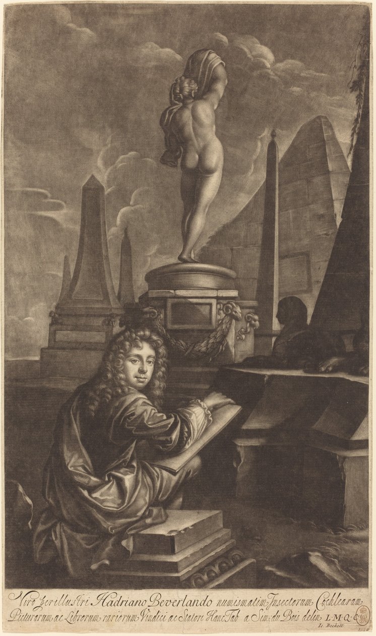 Adrian Beverland tegner fra en statue af Isaak Beckett after Simon du Bois