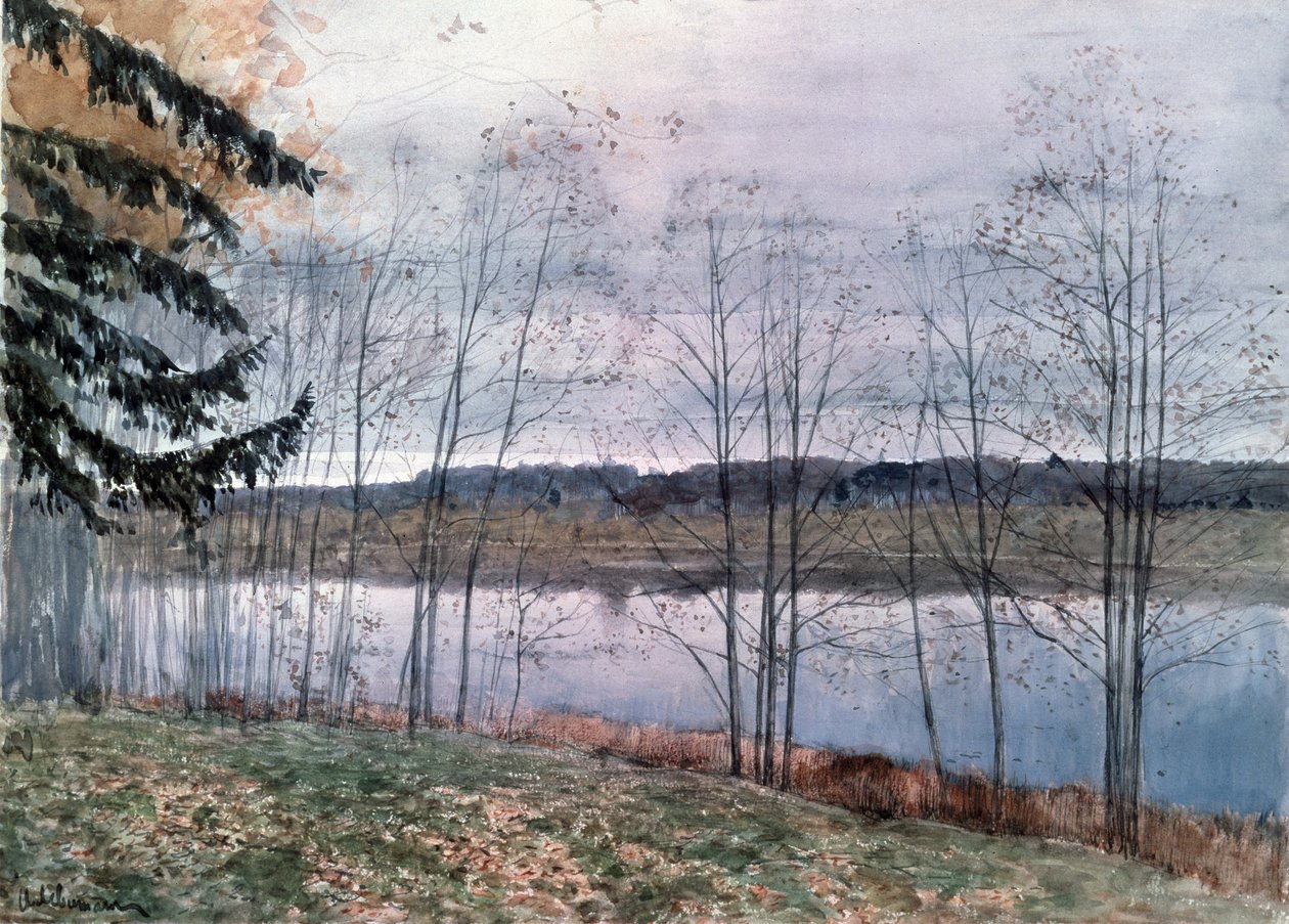 Efterår (Autumn). Beskrivelse af bredden af ​​et vandløb med nøgne træer. Værk af Isaac (Isaac) Ilyich Levitan (1860-1900), akvarel på papir af Isaak Ilyich Levitan