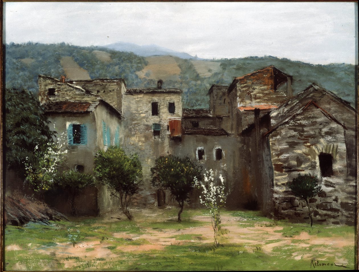 Nær Bordighera, i det nordlige Italien. (Nær Bordighera. I Norditalien). Beskrivelse af en gruppe bygninger i Ligurien. Værk af Isaak (Isaac) Ilyich Levitan (1860-1900), pastel på papir af Isaak Ilyich Levitan