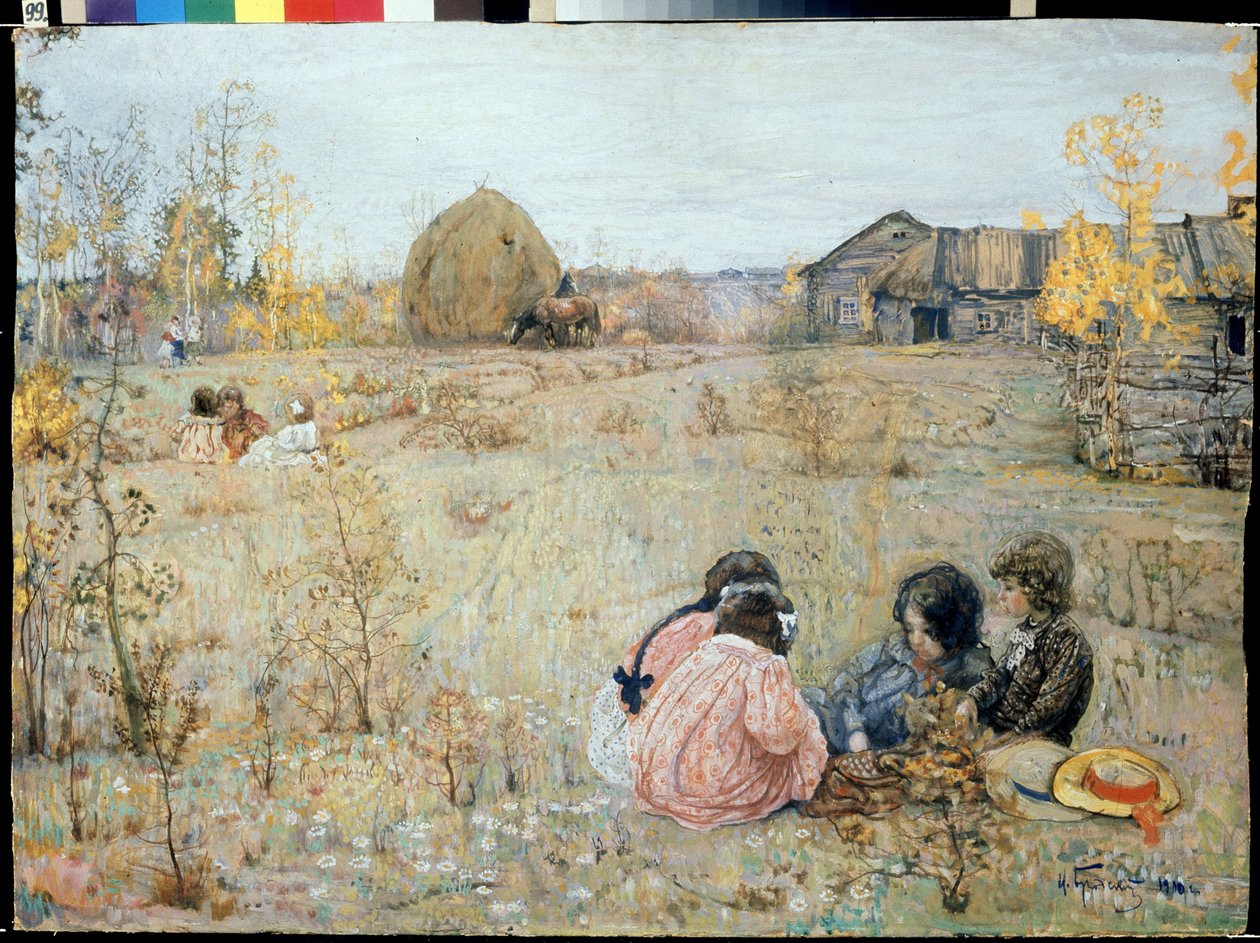 Late Dashniks (Late Dashniks). (Dashniken er en russisk gartner, som regeringen har tildelt en dacha og et par hektar til at dyrke til personlig produktion). Maleri af Izaak Izrailevich (1884-1939). Olie på lærred af Isaak Israilevich Brodsky