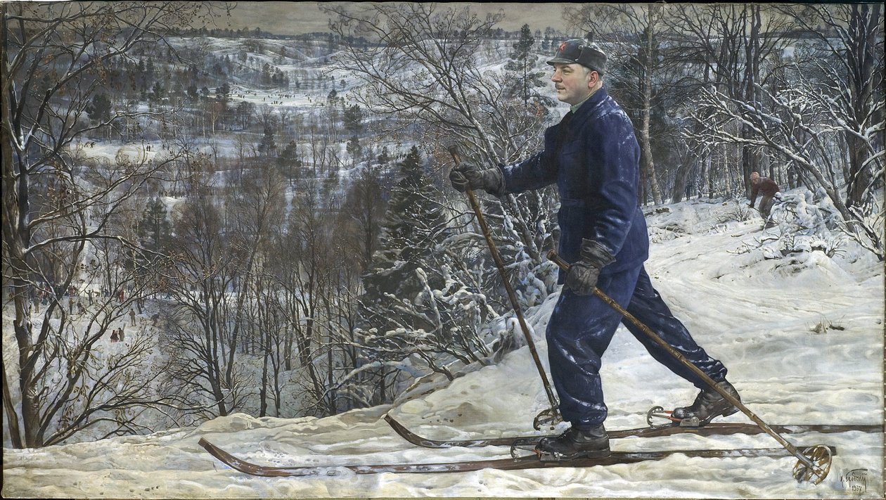 Kliment Voroshilov (1881-1969) skiant - Kliment Voroshilov på skitur - Isaak Izrailevich Brodsky (1884-1939). Olie på lærred af Isaak Israilevich Brodsky