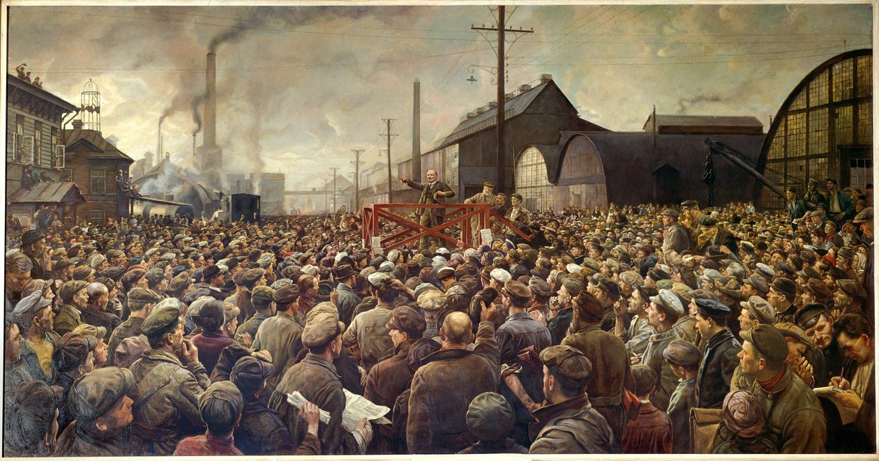 Russisk revolution i 1917: "Lenin taler til arbejderne på Putilov-fabrikken i Petrograd af Isaak Israilevich Brodsky