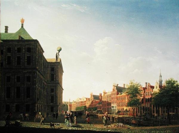 En udsigt langs Nieuwezijds Voorburgwal i Amsterdam, der viser bagsiden af det kongelige palads, 1782 af Isaac Ouwater