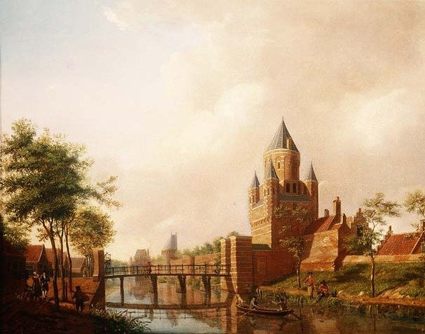 En udsigt over Kleine Houtpoort (Small Gateway) i Haarlem med Grote Houtpoort (Great Gateway) i baggrunden af Isaac Ouwater