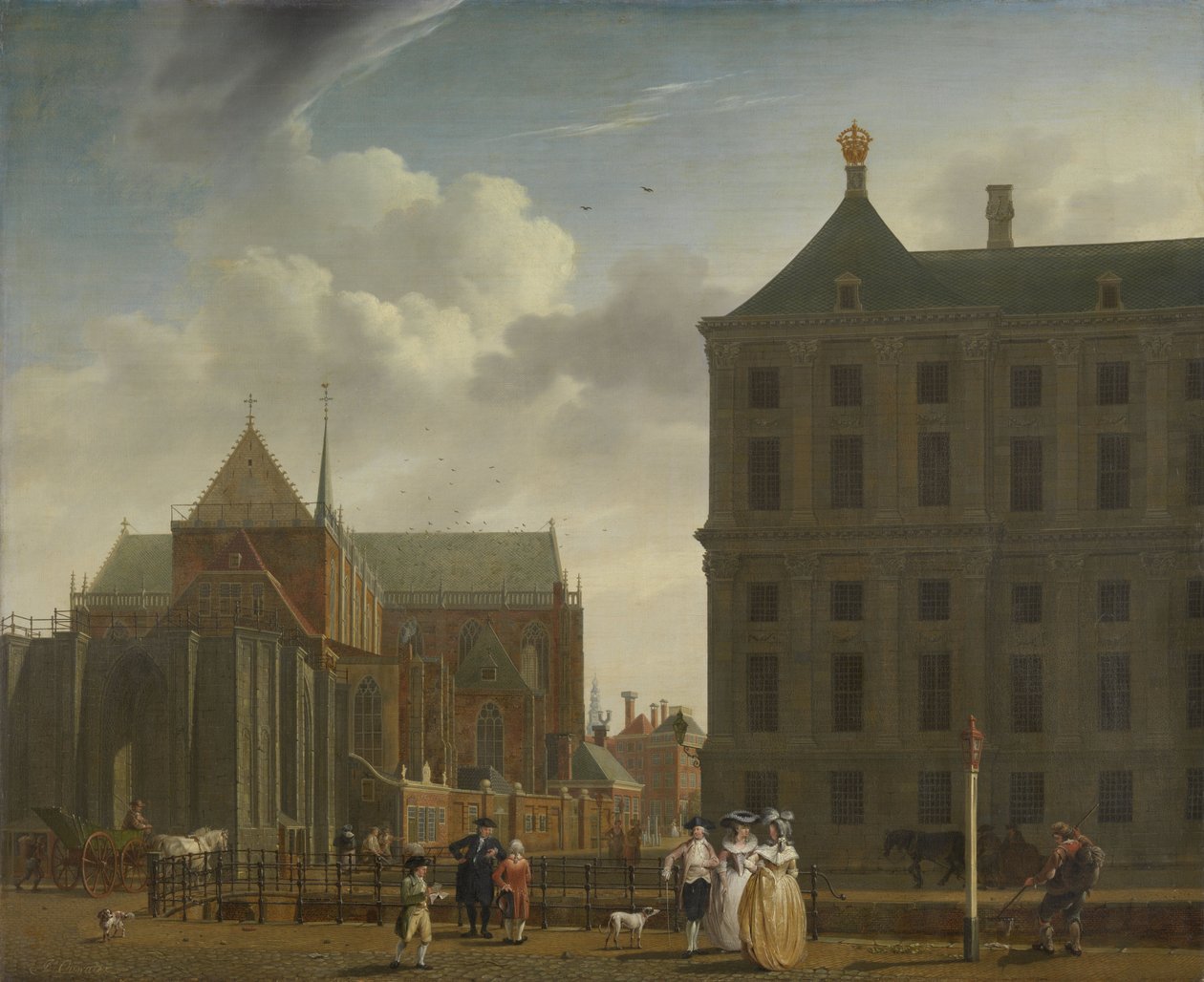 Nieuwe Kerk og rådhuset på dæmningen i Amsterdam, ca. 1780-90 af Isaac Ouwater