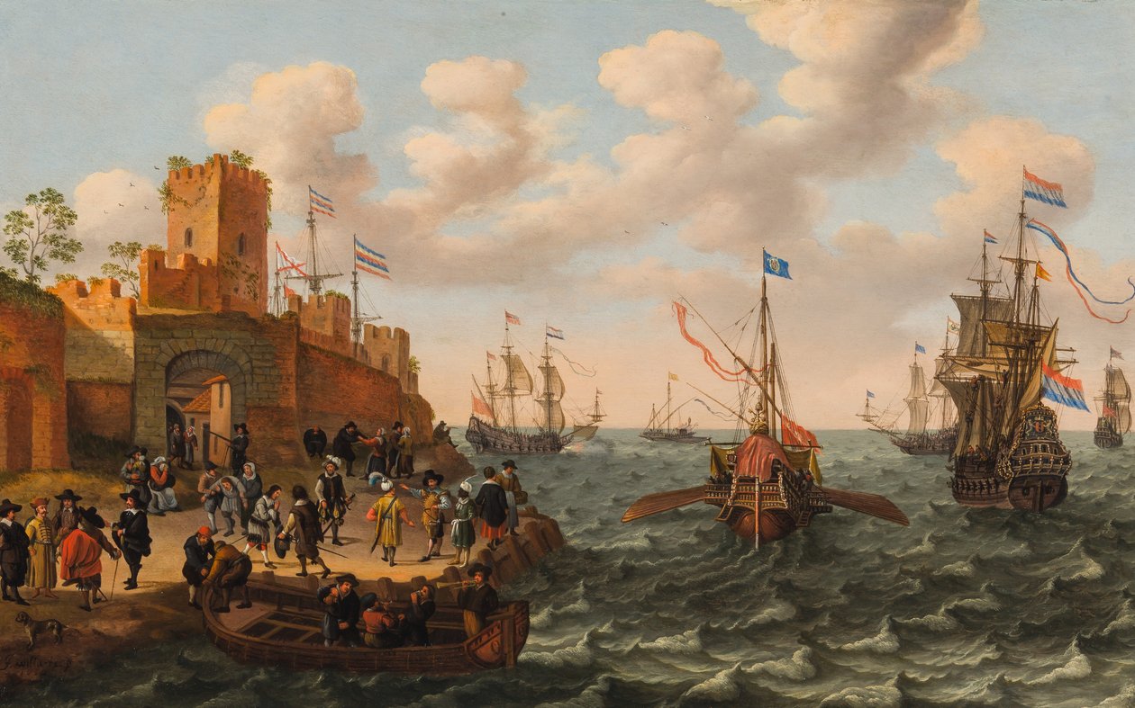 En hollandsk tremester og en pavelig kabyss med anden skibsfart langs kysten af en befæstet by, ca. 1662 (olie på panel) af Isaak Willaerts