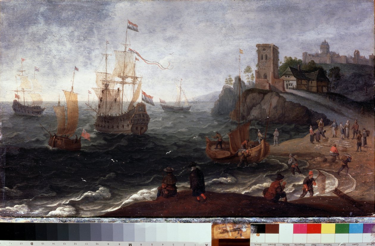 Fiskemarked på stranden (fiskemarked ved kysten). Maleri af Isaac Willaerts (1620-1693). Olie på træ, 35,5 x 67 cm, omkring 1640. Hollandsk kunst fra 1600-tallet. Statens Museum for Historie og Kunst, Serpukhov (Rusland). af Isaak Willaerts