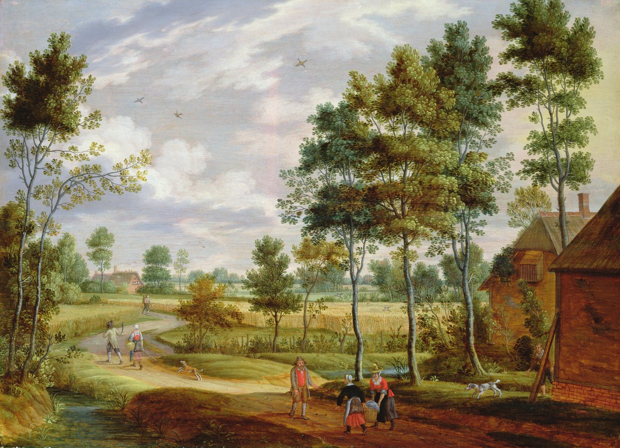 Figurer uden for et sommerhus i et landskab af Isaak van Oosten