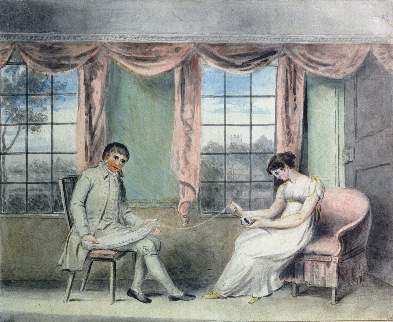 A Woman and her Beau Spinning Thread (wc på papir) af Isabella Downman