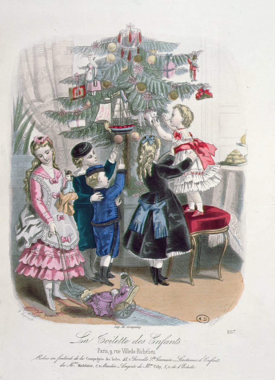 Pyntning af juletræet, reklame for La Toilette des Enfants, graveret af P. Derfermeville, 1872 af Isabelle Codouze