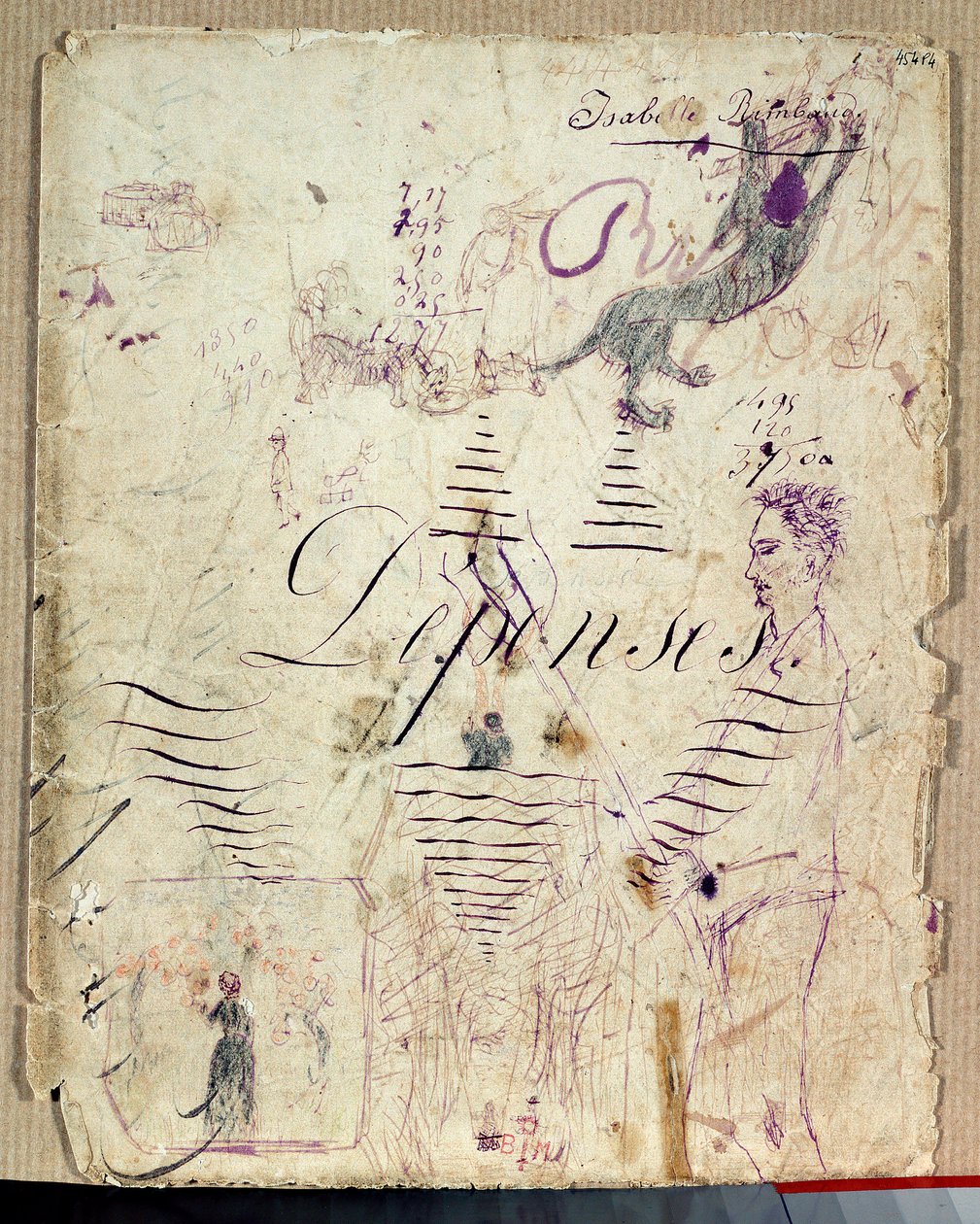 Arthur Rimbaud hjælper høsten. Tegning af Isabelle Rimbaud med lilla blæk på arket med udkast til en udgiftsbog af Isabelle Rimbaud
