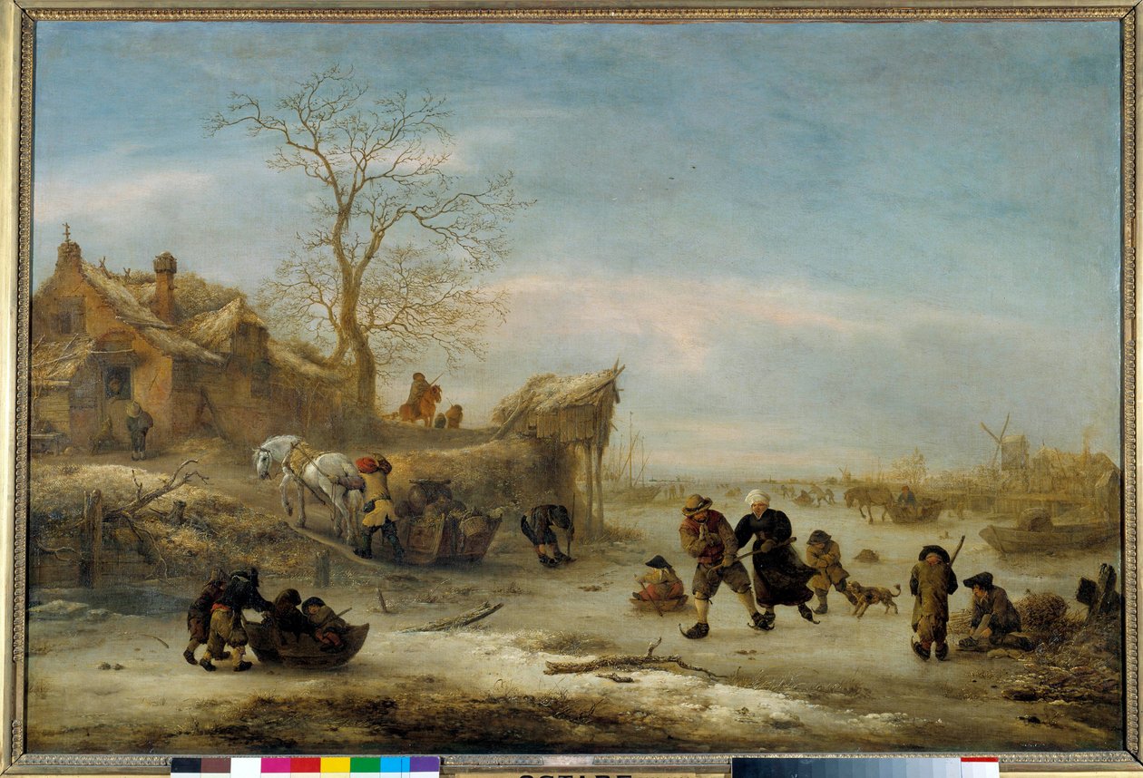 Canal gele med par skøjteløb Maleri af Isaak Van Ostade (1621-1649). 17. århundrede søn. 1x1,49 m af Isack van Ostade