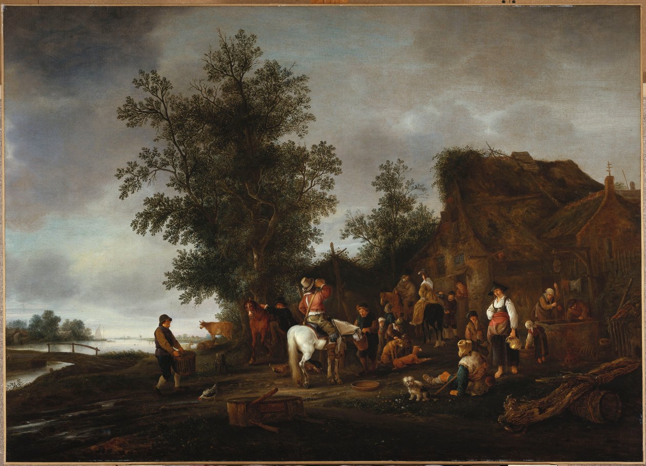 Rejsende forfrisker sig selv på en taverna ved floden, 1664 af Isack van Ostade