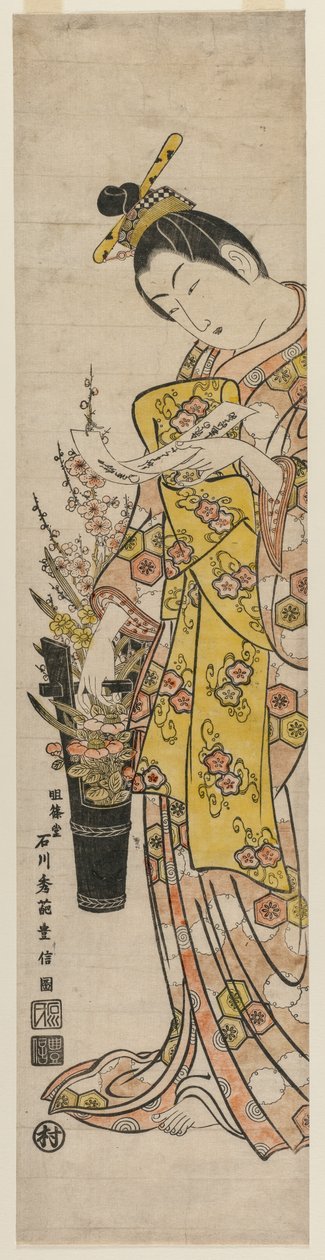 Kurtisane læser et digtslip bundet til blomster i en vase af Ishikawa Toyonobu