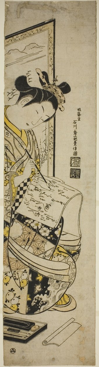 Kvinde, der skriver et brev foran en skærm af Ishikawa Toyonobu