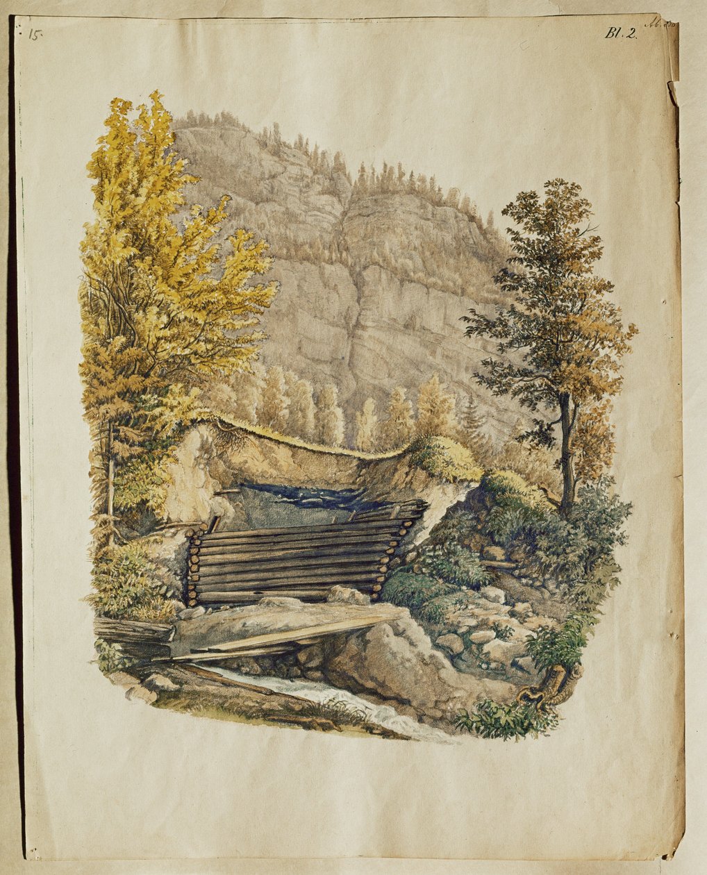 Stedet og muren til et Hallstatt-blokhus, opdaget efter 1846 af Johann Georg Ramsauer ... af Isidor Engel