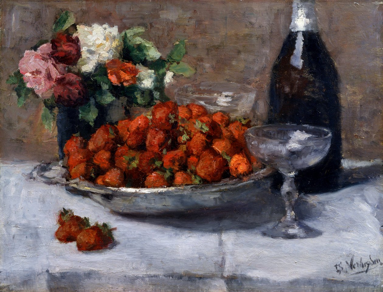 "Stilleben med champagne og jordbær" Maleri af Isidore Verheyden (1846-1905) af Isidor Verheyden
