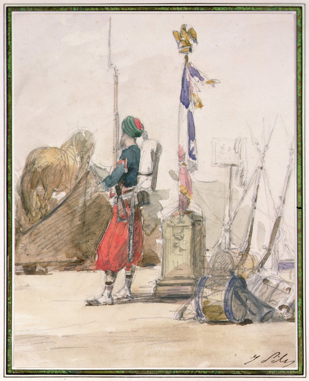 Soldat på vagt (akvarel og blyant) af Isidore Pils