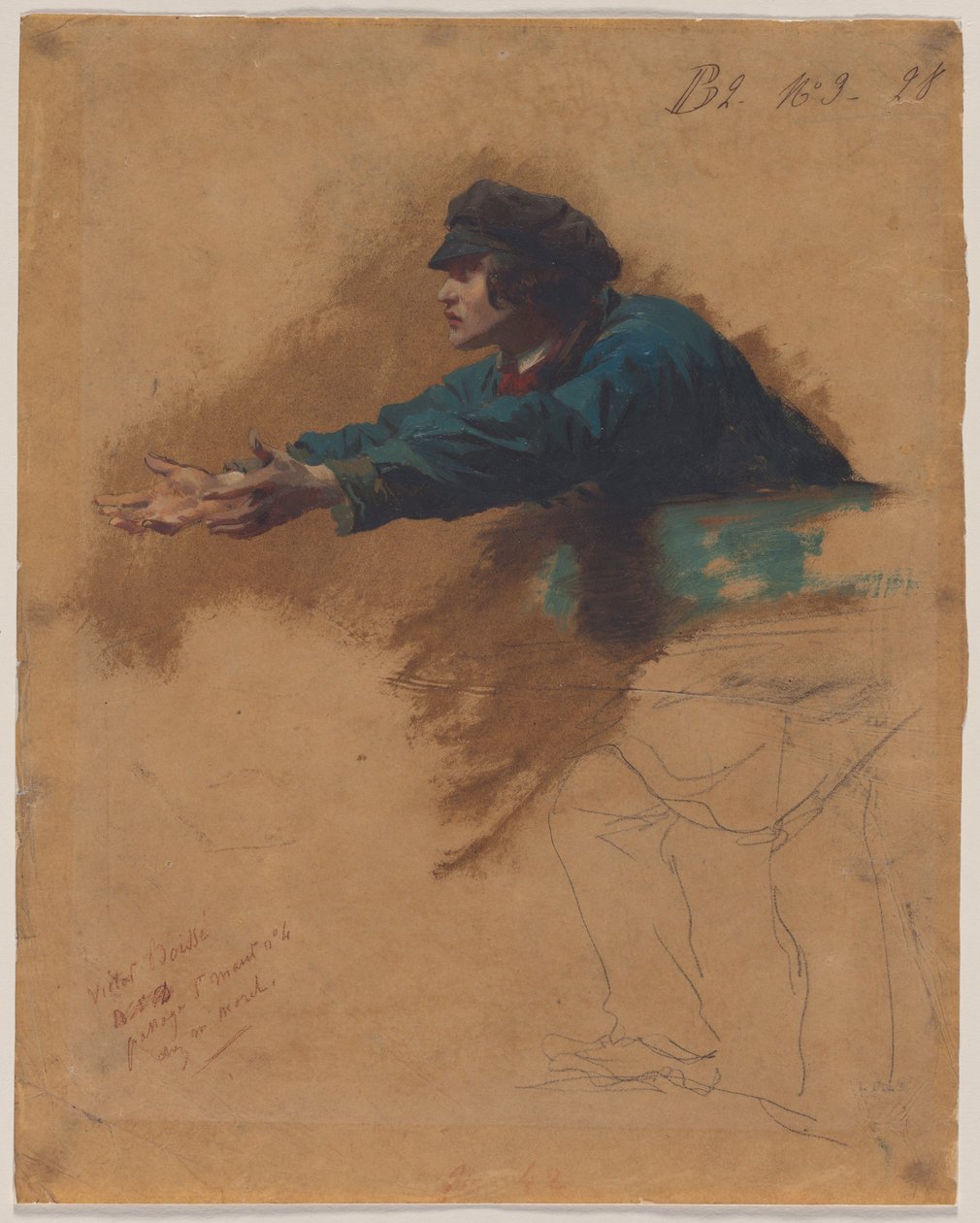 Ung mand læner sig frem med udstrakte arme (studie til soldater, der uddeler brød til de fattige), ca. 1851 (olie, brun olievask eller blækvask og sort farvekridt) af Isidore Pils
