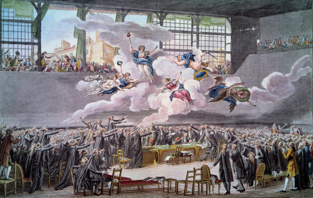 Fransk revolution: "" Le oath du jeu de Paume le 20 juin 1789"" Deputerede sværger ikke at skille sig ad, før en forfatning er rettet. Stik af Isidore Helman (1743-1809) 1789 Paris, B.N. af Isidore Stanislas Helman