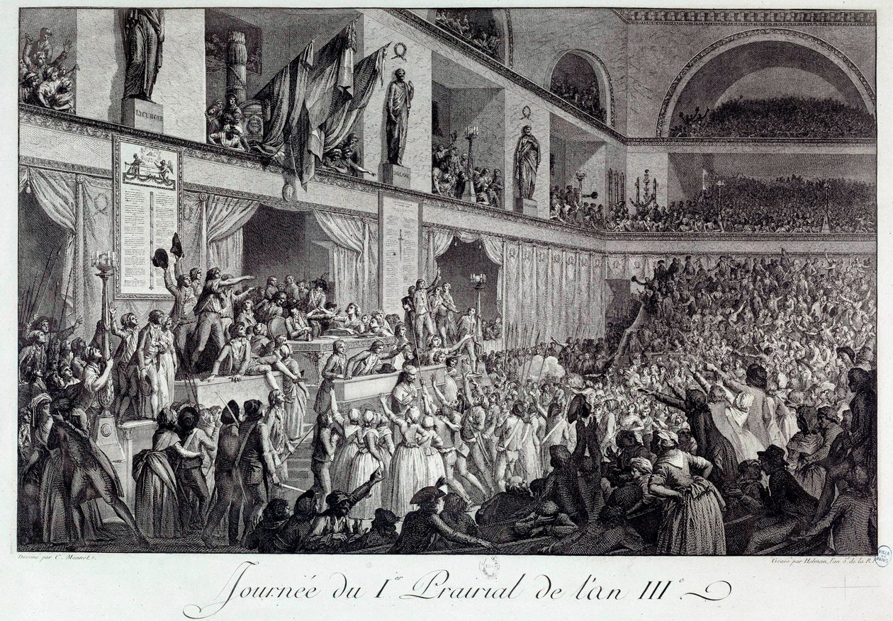 Den Franske Revolution: Dagen for Folkets Oprør mod Sult i I Prairial of Year III (20/05/1795): Befolkningen invaderede konventionen og massakrerede den deputerede Jean Bertrand Feraud (1759-1795), som var ansvarlig for forsyningen af Paris, som op af Isidore Stanislas Helman