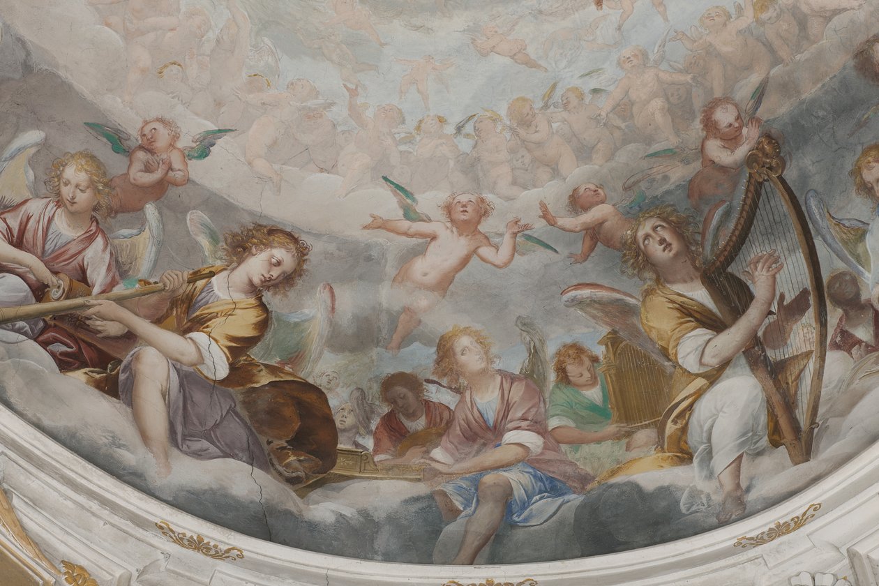 Engle, musiker-engle og puttos, detalje af Paradiset med den evige Fader, ca. 1623-34 (detalje af 3496185) af Isidoro Bianchi