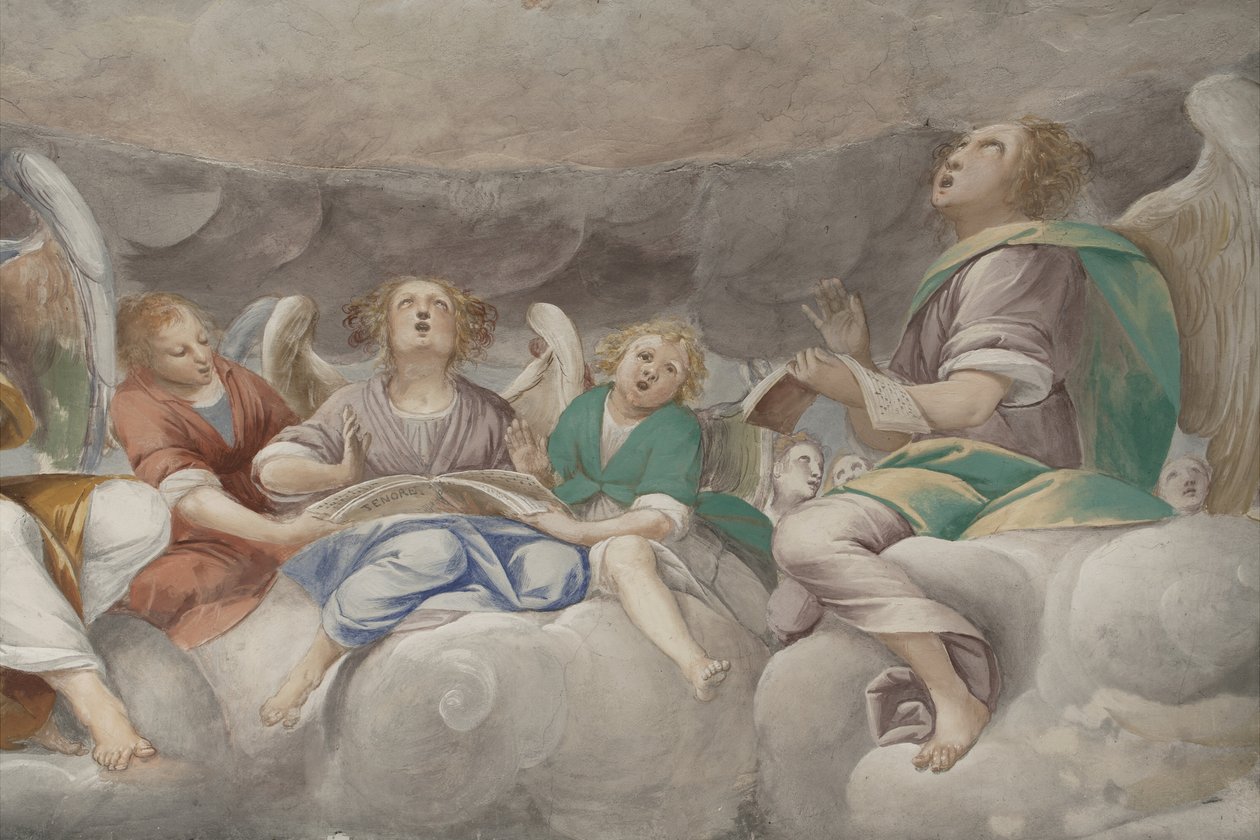 Engle, musiker-engle og puttos, detalje af Paradiset med den evige Fader, ca. 1623-34 (detalje af 3496185) af Isidoro Bianchi