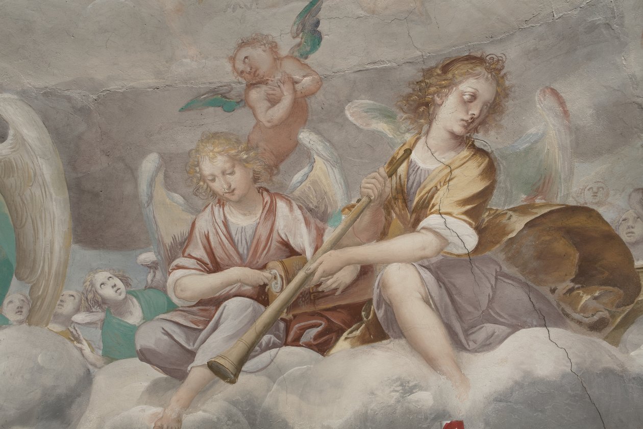 Engle, musiker-engle og puttos, detalje af Paradiset med den evige Fader, ca. 1623-34 (detalje af 3496185) af Isidoro Bianchi